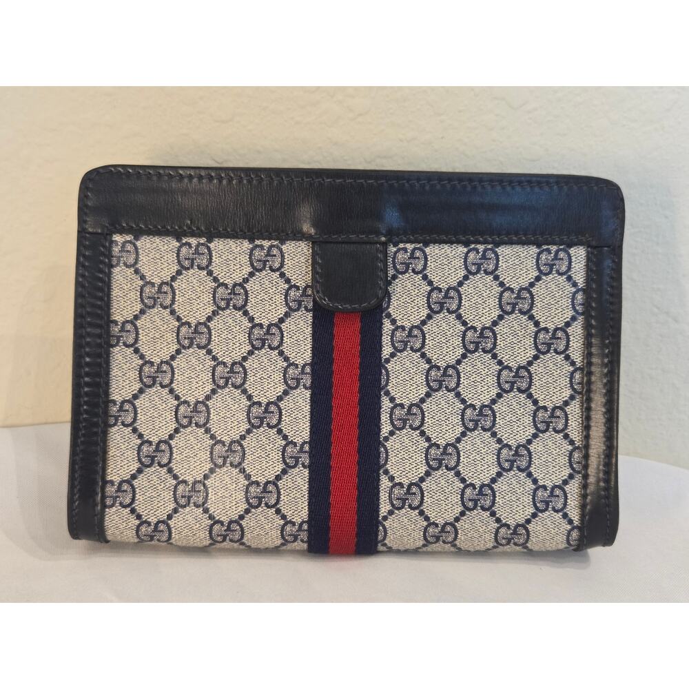 Gucci GG Supreme Web Clutch Pouch Bag Blue Navy Made in Italy Web Stripe Vintage
